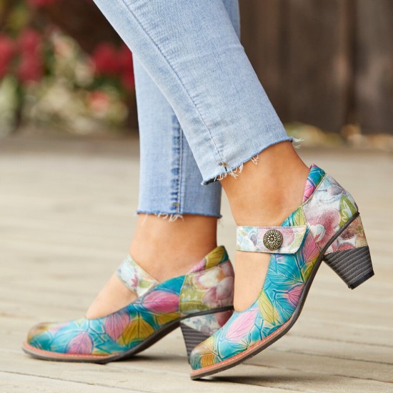 Genuine Leather Hook & Loop Leaf Painted Comfy Mary Jane Heels