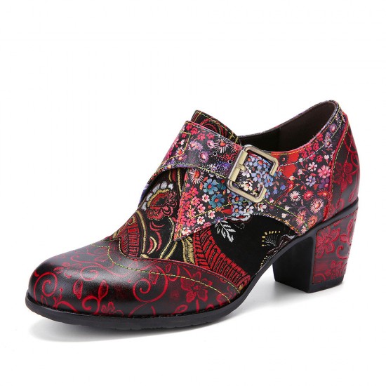 Women Retro Floral Printing Leather Soft Round Toe Sculpted Chunky Heels