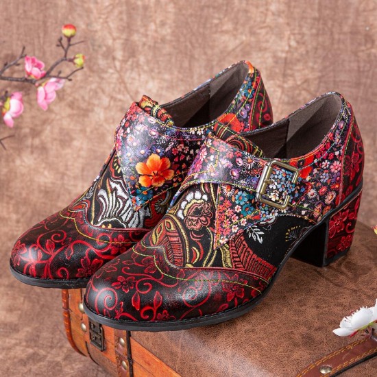 Women Retro Floral Printing Leather Soft Round Toe Sculpted Chunky Heels