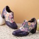 Women Retro Floral Printing Leather Splicing Soft Comfy Sculpted Chunky Heels