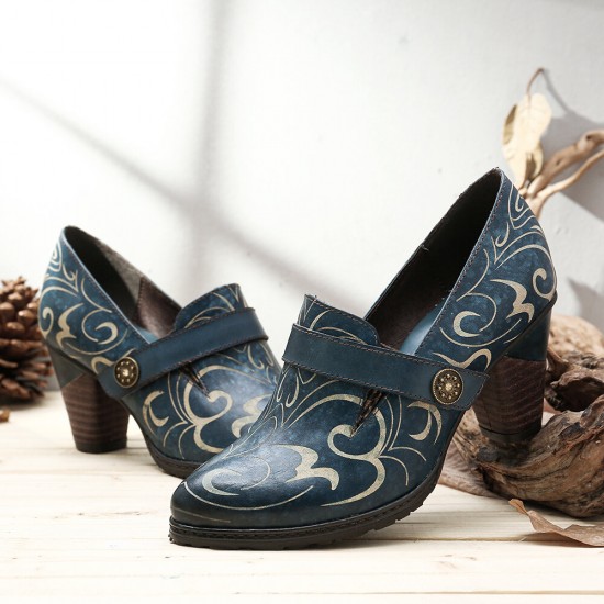 Retro Genuine Leather Vine Pattern Solid Color Elegant Hook Loop Pumps