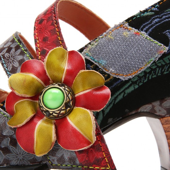 Genuine Leather Hook & Loop Comfy Retro Colorblock Floral Decor Mary Jane Heels