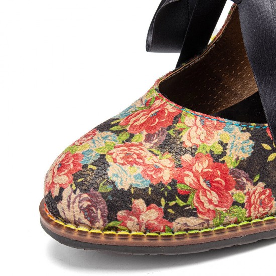 Women Elegant Graceful Little Flowers Printed Comfy Wearable Lace Up Stitching Chunky Heel Pumps