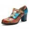 Genuine Leather Bohemian Ethnic Style Buckle Comfy Floral T-strap Heels