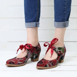 Super Comfy Bloom Rose Stitching Lace Up Casual Dress Leather Pumps For Women