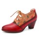 Leather Embossed Flowers Splicing Cut out Lace-up Chunky Heel Pumps Dress Shoes