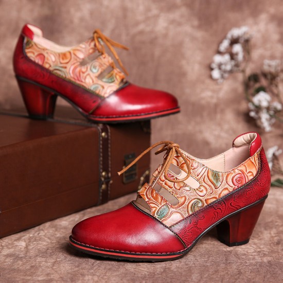 Leather Embossed Flowers Splicing Cut out Lace-up Chunky Heel Pumps Dress Shoes