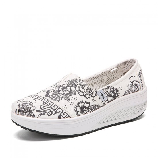 Women Casual Flowers Printed Pattern Comfortable Rocker Sole Walking Shoes